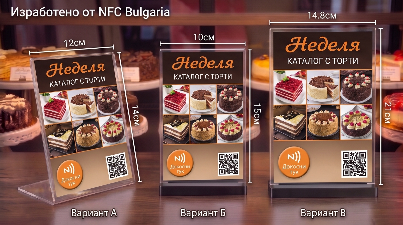 Различни модели NFC табели за бизнес - настолни стойки 10x15 см и A5 формат 14.8x21 см с персонален дизайн