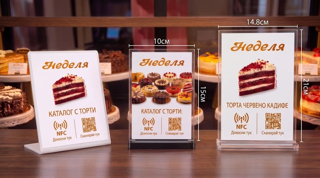 Различни модели NFC табели за бизнес - настолни стойки 10x15 см и A5 формат 14.8x21 см с персонален дизайн